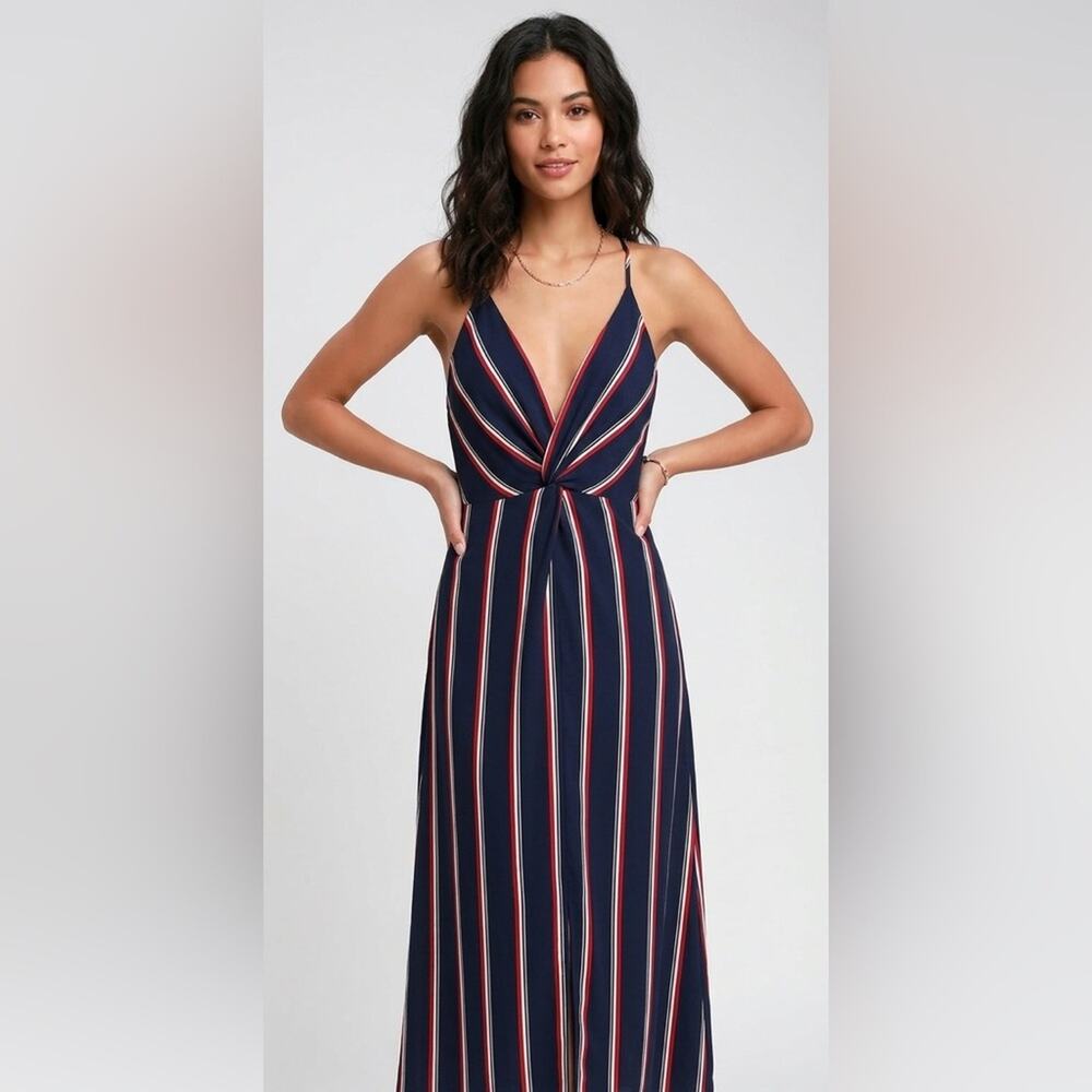 Striped Twist Front Midi Dress V Neck Flowy Summer Coastal Wedding Guest L